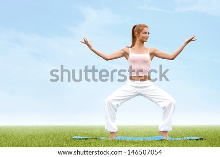 Yoga Woman. Young woman practicing morning meditation against nature Background