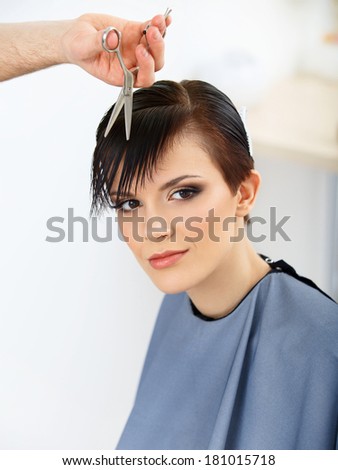 Hairdresser Cutting Woman\'s Hair in Beauty Salon. Haircut. Hairstyle