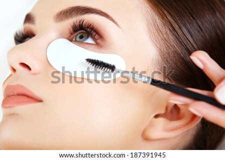Woman eye with long eyelashes. Mascara Brush. High quality image.