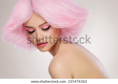 Beauty Fashion Model Girl with Pink Hair. Colourful Hair. Colouring hair