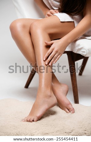 Long Woman Legs . Beautiful Woman Cares About Legs. Depilation