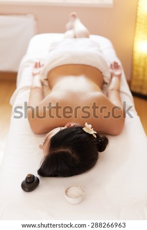 Spa Woman. Brunette Getting a Salt Scrub Beauty Treatment in the Health Spa. Body Scrub.