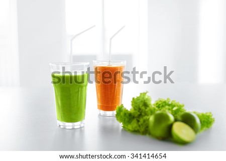 Fresh Juice. Green And Orange Organic Vegetable Blended Smoothie In The Glass. Detox Diet. Healthy Drink, Eating, Food. Vitamins. Healthy Lifestyle Concept.
