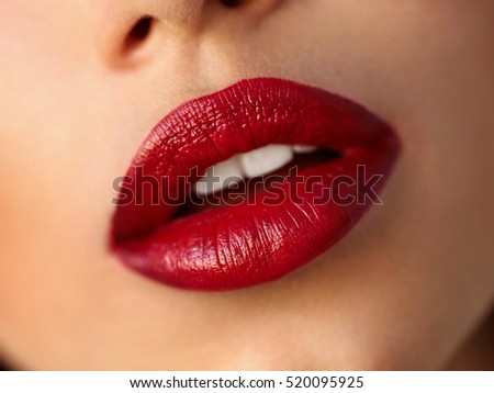 Beauty. Beautiful Woman Face With Red Lipstick On Plump Full Sexy Lips. Closeup Of Girl\'s Mouth With Professional Lip Makeup, Cosmetic Red Ombre Lipstick On. Cosmetics Concept. High Resolution