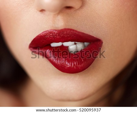 Beauty. Beautiful Woman Face With Red Lipstick On Plump Full Sexy Lips. Closeup Of Girl\'s Mouth With Professional Lip Makeup, Cosmetic Red Ombre Lipstick On. Cosmetics Concept. High Resolution