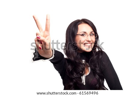 stock photo Cute Young Woman Flashing a Peace Sign