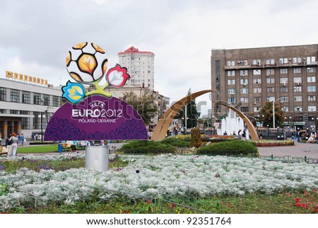 KHARKOV, UKRAINE - AUGUST 21: Logo EURO 2012 on station square on August 21, 2011 in Kharkov, Ukraine. Kharkov will host UEFA EURO Championship in 2012