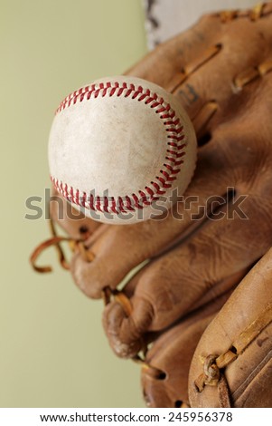 Used, worn out baseball and glove or mitt, copyspace
