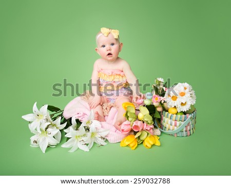 Baby girl in Easter outfit with Easter Eggs, and tulip flowers, sitting on blanket