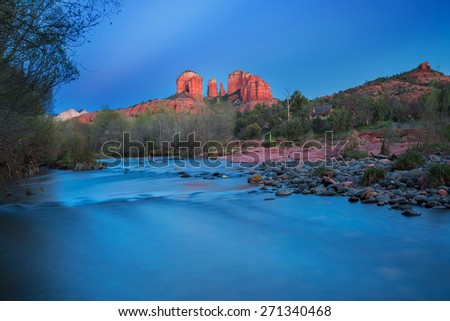 View of red rocks and river at the famous Castle Rock in Sedona, Arizona, AZ, an American landmark
