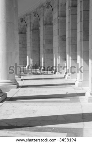 Inside view of the amphitheater in front of the tomb of the unknown soldier, Arlington Cemetery, VA, black and white