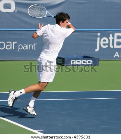 Tim Henman, a star of Britain\'s pro tennis, completing a forehand shot at the US Open Series event, Leggmason 2007, in Washington DC.