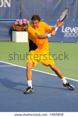 Marat Safin, a star of Russian tennis, preparing to hit a backhand at the US Open Series event, Leggmason 2007, in Washington DC.