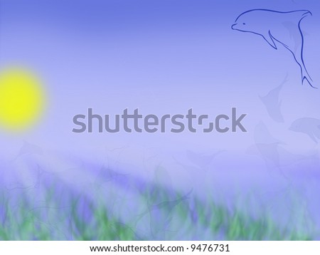 Ocean, sky, sun, dolphins and fish, illustration