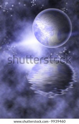 Illustration of a universe or galaxy with a blue planet, rising sun, and a reflection; versatile image for a variety of backgrounds