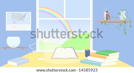 Illustration of a students study desk with books, lamp, US map - calendar on the wall, shelves and summer landscape outside. Available as vector