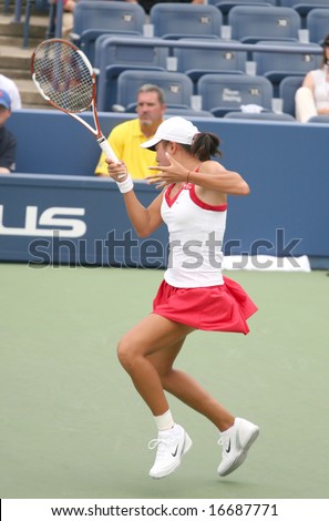 August 25, 2008 - US Open, NY: Shuai Zhang of China hitting a forehand during a first round match at the US Open in New York, she was defeated by Svetlana Kuznetsova