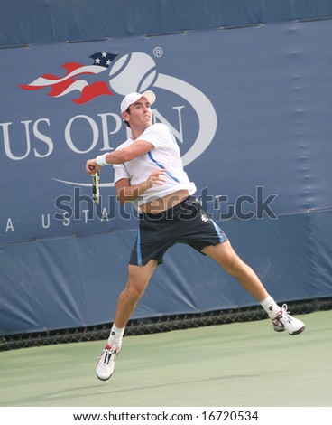NEW YORK, US Open - August 25, 2008: Wayne Odesnik, American pro tennis player, hitting a forehand during a first round match