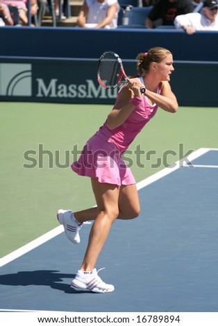 New York, August 2008 - US Open: Dinara Safina, Russian Tennis player, completing a forehand stroke during a match