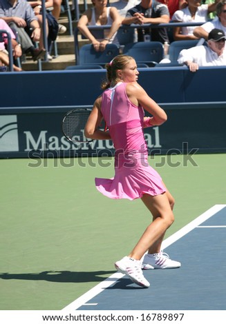 New York, August 2008 - US Open: Dinara Safina, Russian Tennis player, completing a forehand stroke during a match