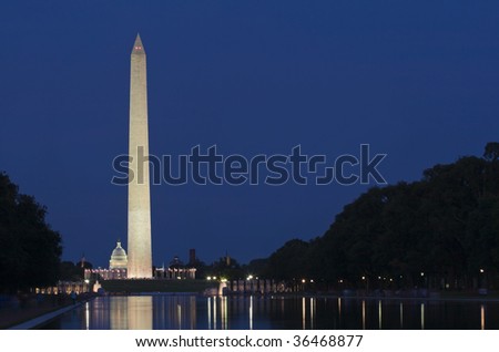 View of the Washington Monument and Capitol in DC at night