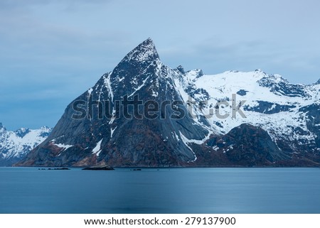View of Olstind mountain peak at dawn, Hamnoy village, Moskenesoy island, Lofoten Islands, Norway