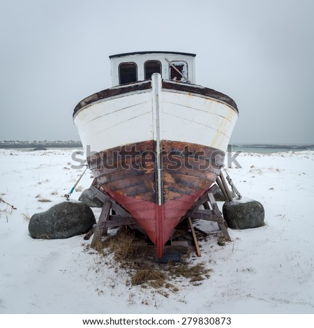 Shipwreck ready for restoration, Eggum village, Vestvagoy island, Lofoten islands, Norway