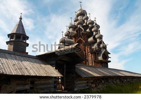 Old wooden temple in Russian north, Kizhi island, Lake Onega