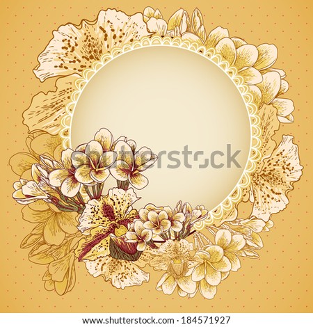 Vintage exotic floral background  Wedding invitation with flowers.   Frame with exotic flowers