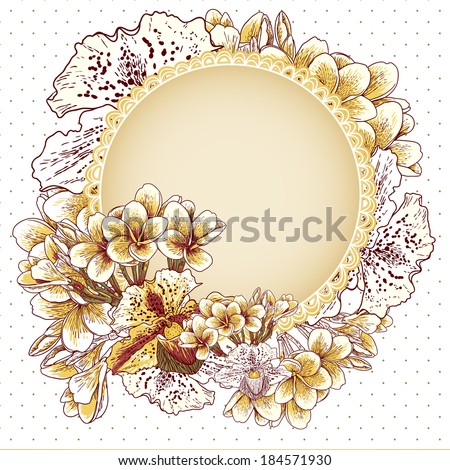 Vintage exotic floral background  Wedding invitation with flowers.   Frame with exotic flowers