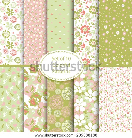 Set of ten seamless floral and hearts backgrounds Set of ten seamless floral and hearts backgrounds
