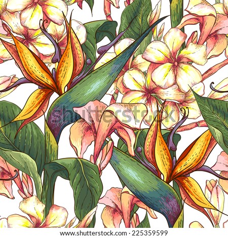 Tropical seamless pattern with exotic flowers. Bird of Paradise Background