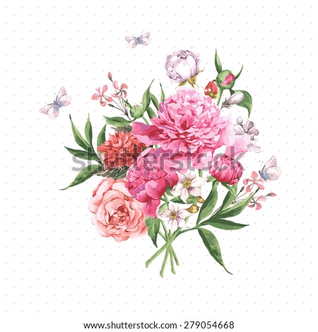 Vintage Watercolor Greeting Card with Blooming Flowers and Butterflies. Roses, Wildflowers and Peonies, Vector Illustration on a White Background