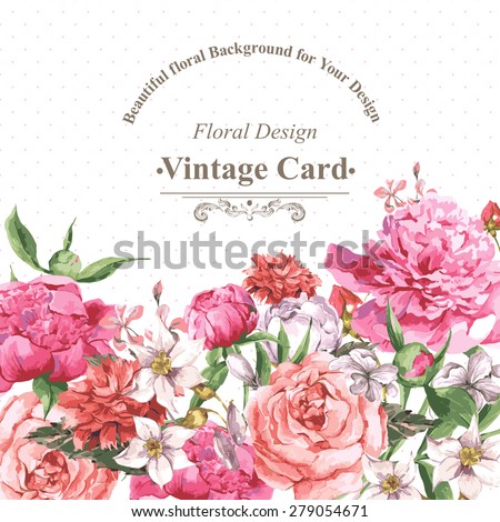 Vintage Watercolor Greeting Card with Blooming Flowers. Roses, Wildflowers and Peonies, Vector Illustration on a White Background