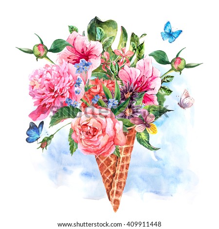 Summer hand drawing watercolor floral greeting card with blooming flowers peonies, roses, daisies, flower buds, violet,  butterfly in waffle cone, decoration flowers natural illustration