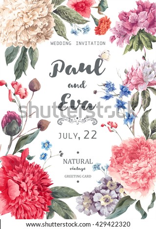 Vintage watercolor floral vector wedding invitation with peonies and garden flowers, botanical natural peonies Illustration. Summer floral peonies greeting card