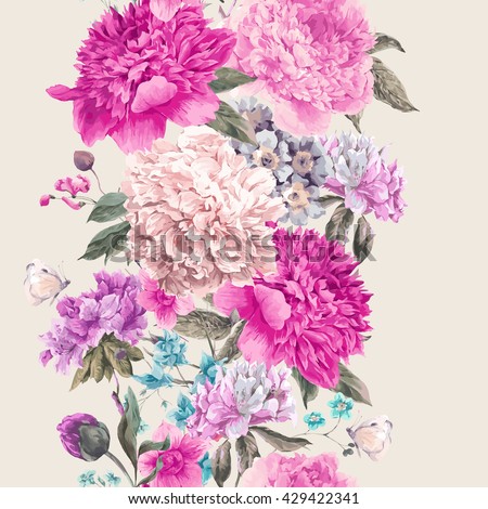 Vintage watercolor vector floral seamless border, Bouquet of peonies and wild flowers, Watercolor botanical natural peonies Illustration. Summer floral peonies greeting card