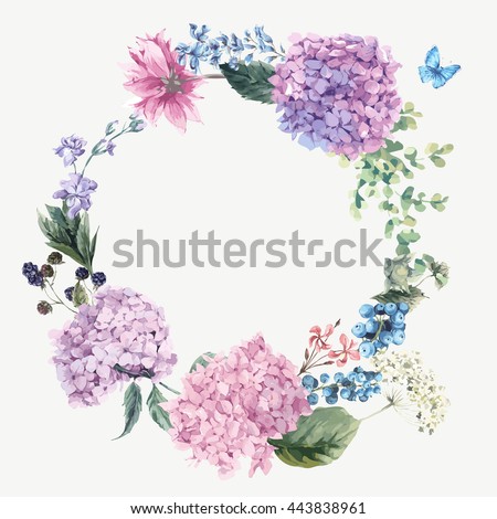 Summer Vintage Floral Greeting Wreath with Blooming Hydrangea and garden flowers, botanical natural hydrangea Illustration on white in watercolor style.