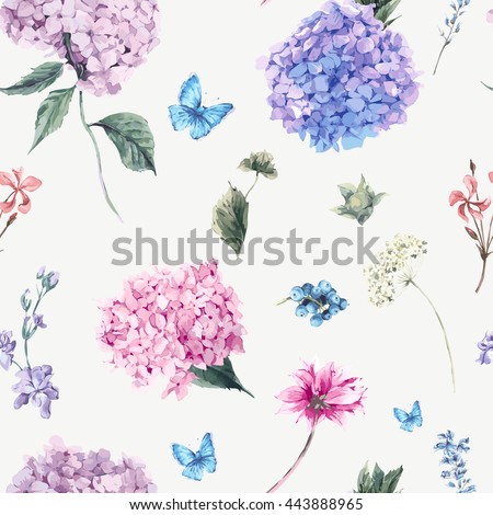 Summer Vintage Floral seamless pattern with Blooming Hydrangea and garden flowers, botanical natural hydrangea Illustration on white in watercolor style.