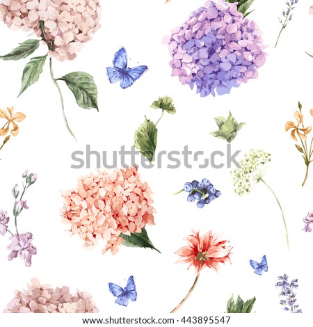 Summer Vintage Floral seamless pattern with Blooming Hydrangea and garden flowers, botanical natural hydrangea Illustration on white in watercolor style.