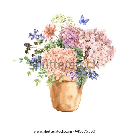 Summer Vintage Floral Greeting Card with Blooming Hydrangea and garden flowers, in a flower pot in watercolor style.
