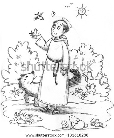 Coloring illustration of Saint Francis with wild animals
