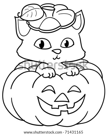 Pumpkin Coloring on Cute Cat In A Halloween Pumpkin  Coloring Illustration For Kids