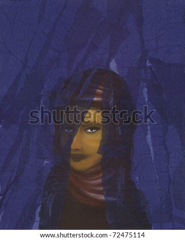Staring woman portrait covered by veils. Artistic illustration painted with acrylics on textured canvas.