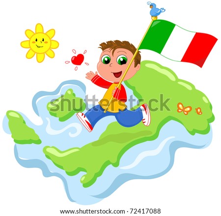 Happy child with flag and map of Italy.