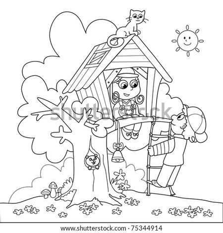 Children Playing In Tree House. Coloring Cartoon Illustration ...