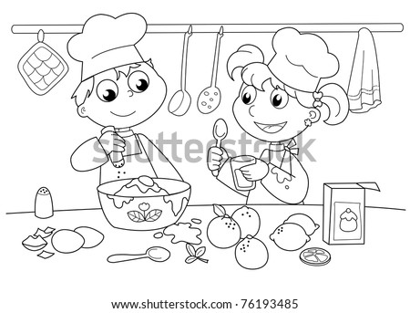 Young boy and girl cooking. Black and white illustration.