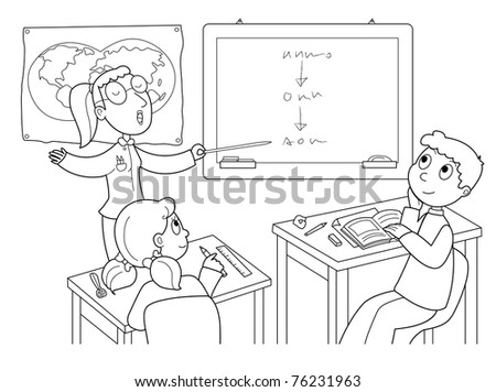 Classroom: teacher and pupils. Black and white illustration for kids.