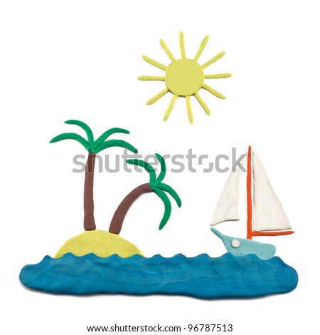 plasticine sea boat, island, sun, palm trees