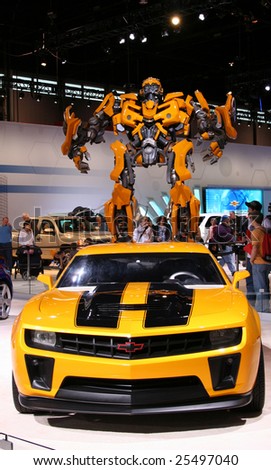 CHICAGO-FEBRUARY 18: From The Transformers 2 movie:BUMBLEBEE, the AUTOBOT based on Chevrolet Camaro concept:17 feet tall and 13 feet wide.Displayed at the Autoshow 2009 in Chicago
